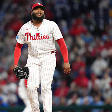 Apr 15, 2025; Philadelphia, Pennsylvania, USA; Philadelphia Phillies relief pitcher Jose Alvarado (46) reacts after recording a strikeout against the San Francisco Giants in the eighth inning at Citizens Bank Park. All players wore #42 for Jackie Robinson Day. Mandatory Credit: Kyle Ross-Imagn Images