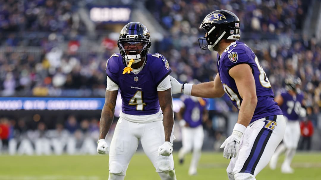 Dec 7, 2025; Baltimore, Maryland, USA; Baltimore Ravens wide receiver Zay Flowers (4) reacts after a play against the Pittsburgh Steelers during the second half at M&T Bank Stadium. Mandatory Credit: Peter Casey-Imagn Images
