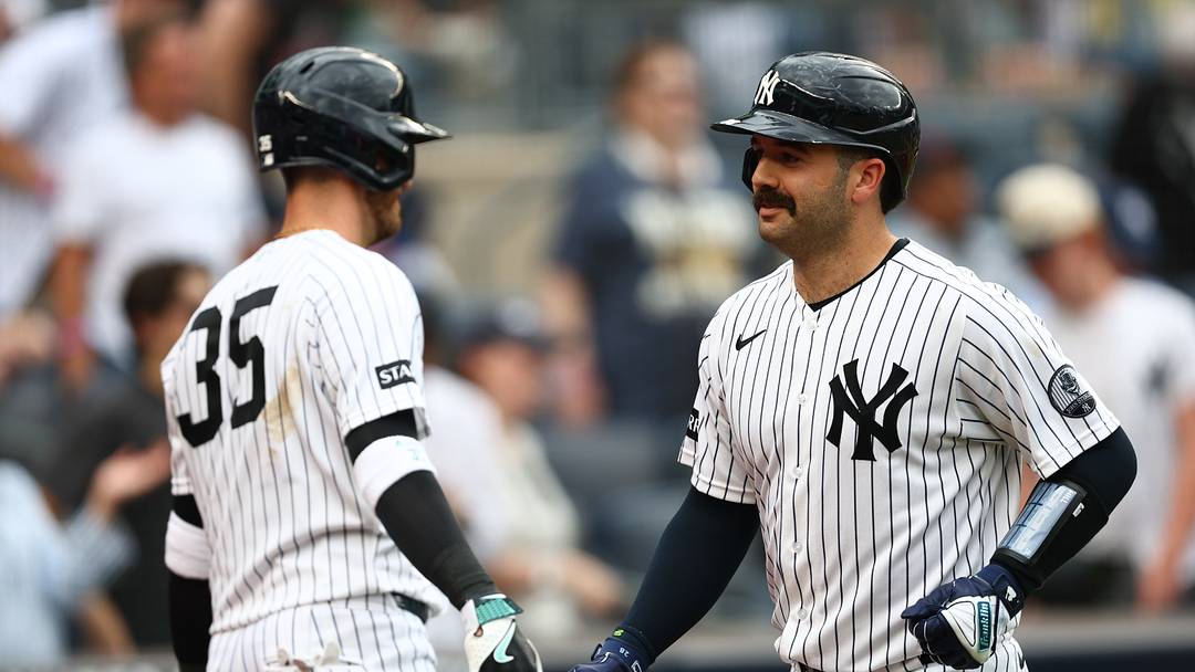 Aug 30, 2026; Bronx, New York, USA;  New York Yankees catcher Austin Wells (28) is congratulated by outfielder Cody Bellinger (35) after hitting a home run during the eighth inning against the Boston Red Sox at Yankee Stadium.  Mandatory Credit: Vincent Carchietta-Imagn Images