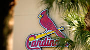 Feb 26, 2021; Jupiter, Florida, USA; A general view of the St. Louis Cardinals logo on the stadium at Roger Dean Stadium during spring training workouts. Mandatory Credit: Jasen Vinlove-Imagn Images