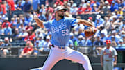 May 18, 2025; Kansas City, Missouri, USA;  Kansas City Royals starting pitcher Michael Wacha (52) throws a pitch in the first inning against the St. Louis Cardinals at Kauffman Stadium. Mandatory Credit: Peter Aiken-Imagn Images