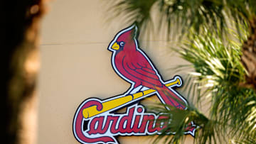 Feb 26, 2021; Jupiter, Florida, USA; A general view of the St. Louis Cardinals logo on the stadium at Roger Dean Stadium during spring training workouts. Mandatory Credit: Jasen Vinlove-Imagn Images