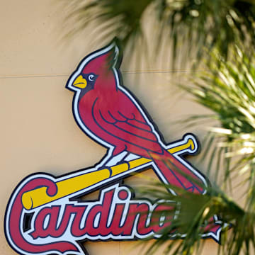 Feb 26, 2021; Jupiter, Florida, USA; A general view of the St. Louis Cardinals logo on the stadium at Roger Dean Stadium during spring training workouts. Mandatory Credit: Jasen Vinlove-Imagn Images