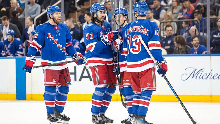 Apr 4, 2026; New York, New York, USA; New York Rangers center Mika Zibanejad (93) talks to left wing Alexis Lafreniere (13) and defenseman Vladislav Gavrikov (44) during the second period against the Detroit Red Wings at Madison Square Garden. Mandatory Credit: Danny Wild-Imagn Images Apr 4, 2026; New York, New York, USA; New York Rangers center Mika Zibanejad (93) talks to left wing Alexis Lafreniere (13) and defenseman Vladislav Gavrikov (44) during the second period against the Detroit Red Wings at Madison Square Garden. Mandatory Credit: Danny Wild-Imagn Images