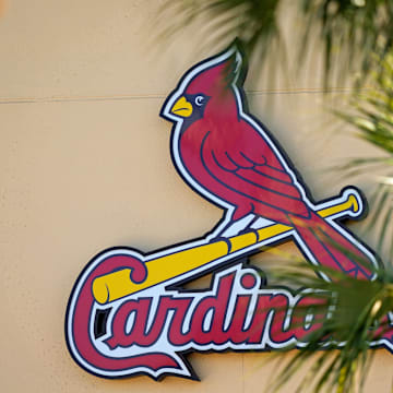 Feb 26, 2021; Jupiter, Florida, USA; A general view of the St. Louis Cardinals logo on the stadium at Roger Dean Stadium during spring training workouts. Mandatory Credit: Jasen Vinlove-Imagn Images