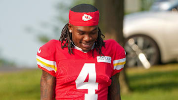 Jul 26, 2024; Kansas City, MO, USA; Kansas City Chiefs wide receiver Rashee Rice (4) walks down the hill from the locker room to the fields prior to training camp at Missouri Western State University. Mandatory Credit: Denny Medley-Imagn Images
