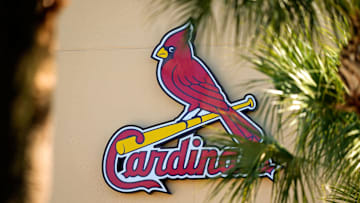 Feb 26, 2021; Jupiter, Florida, USA; A general view of the St. Louis Cardinals logo on the stadium at Roger Dean Stadium during spring training workouts. Mandatory Credit: Jasen Vinlove-Imagn Images