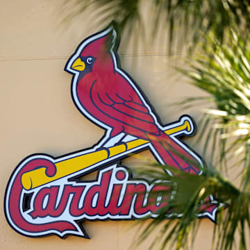 Feb 26, 2021; Jupiter, Florida, USA; A general view of the St. Louis Cardinals logo on the stadium at Roger Dean Stadium during spring training workouts. Mandatory Credit: Jasen Vinlove-Imagn Images