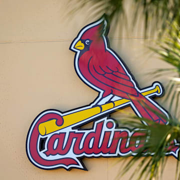 Feb 26, 2021; Jupiter, Florida, USA; A general view of the St. Louis Cardinals logo on the stadium at Roger Dean Stadium during spring training workouts. Mandatory Credit: Jasen Vinlove-Imagn Images