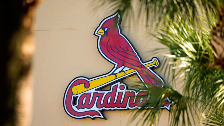 Feb 26, 2021; Jupiter, Florida, USA; A general view of the St. Louis Cardinals logo on the stadium at Roger Dean Stadium during spring training workouts. Mandatory Credit: Jasen Vinlove-Imagn Images