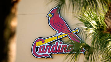 Feb 26, 2021; Jupiter, Florida, USA; A general view of the St. Louis Cardinals logo on the stadium at Roger Dean Stadium during spring training workouts. Mandatory Credit: Jasen Vinlove-Imagn Images
