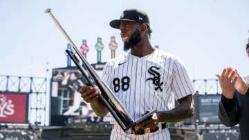 Apr 13, 2024; Chicago, Illinois, USA; Chicago White Sox Luis Robert Jr. (88) is presented the Silver Slugger Award prior to a game against the Cincinnati Reds at Guaranteed Rate Field. Mandatory Credit: Patrick Gorski-USA TODAY Sports