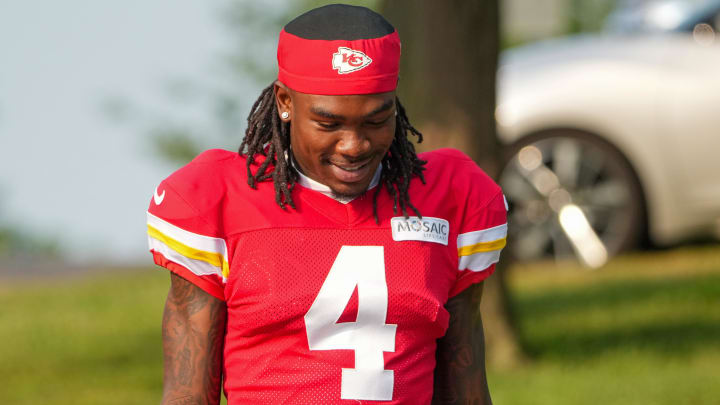 Jul 26, 2024; Kansas City, MO, USA; Kansas City Chiefs wide receiver Rashee Rice (4) walks down the hill from the locker room to the fields prior to training camp at Missouri Western State University. Mandatory Credit: Denny Medley-USA TODAY Sports