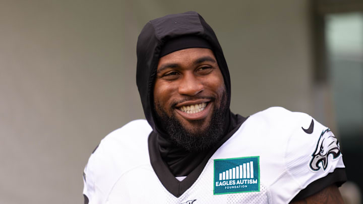 Aug 3, 2023; Philadelphia, PA, USA; Philadelphia Eagles linebacker Haason Reddick during practice at Novacare Complex. Aug 3, 2023; Philadelphia, PA, USA; Philadelphia Eagles linebacker Haason Reddick during practice at Novacare Complex.