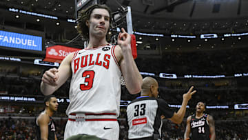 Apr 4, 2025; Chicago, Illinois, USA;  Chicago Bulls guard Josh Giddey (3) after being fouled by the Portland Trail Blazers during the second half at the United Center. Mandatory Credit: Matt Marton-Imagn Images