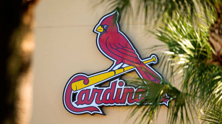 Feb 26, 2021; Jupiter, Florida, USA; A general view of the St. Louis Cardinals logo on the stadium at Roger Dean Stadium during spring training workouts. Mandatory Credit: Jasen Vinlove-USA TODAY Sports