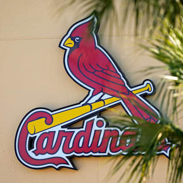 Feb 26, 2021; Jupiter, Florida, USA; A general view of the St. Louis Cardinals logo on the stadium at Roger Dean Stadium during spring training workouts. Mandatory Credit: Jasen Vinlove-Imagn Images