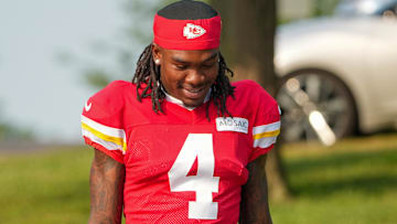 Kansas City Chiefs wide receiver Rashee Rice (4) walks down the hill from the locker room to the fields before training camp at Missouri Western State University.