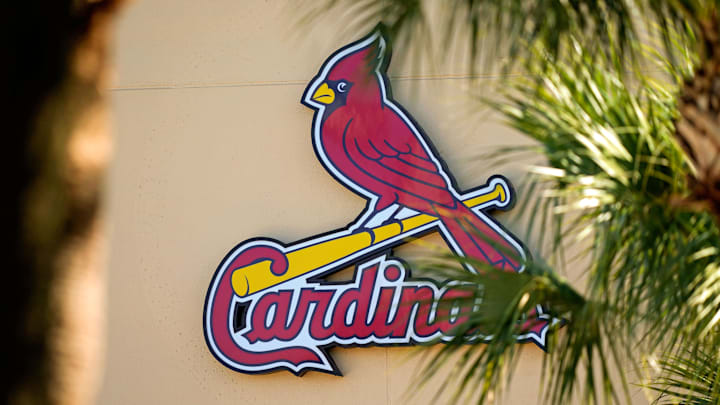 Feb 26, 2021; Jupiter, Florida, USA; A general view of the St. Louis Cardinals logo on the stadium at Roger Dean Stadium during spring training workouts. Mandatory Credit: Jasen Vinlove-Imagn Images