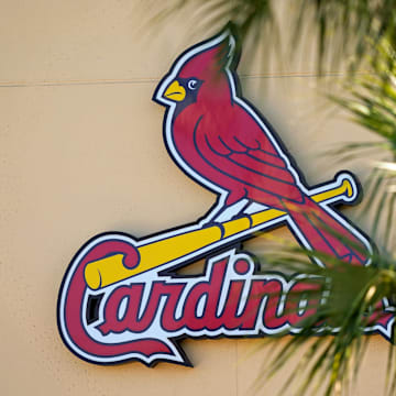 Feb 26, 2021; Jupiter, Florida, USA; A general view of the St. Louis Cardinals logo on the stadium at Roger Dean Stadium during spring training workouts. Mandatory Credit: Jasen Vinlove-Imagn Images