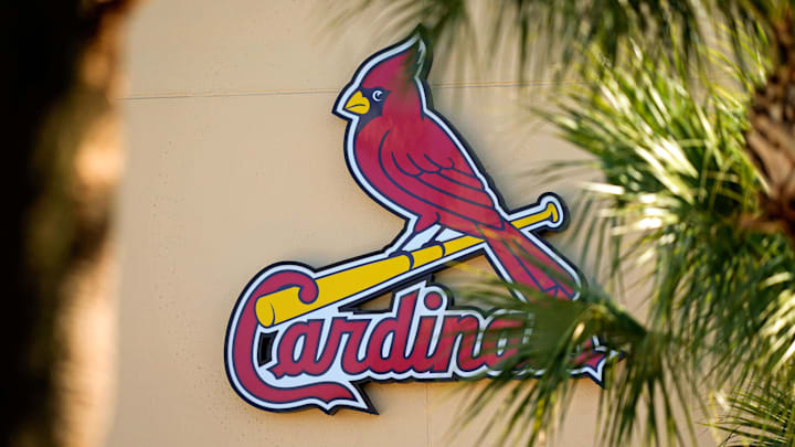 Feb 26, 2021; Jupiter, Florida, USA; A general view of the St. Louis Cardinals logo on the stadium at Roger Dean Stadium during spring training workouts. Mandatory Credit: Jasen Vinlove-Imagn Images