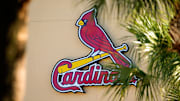 Feb 26, 2021; Jupiter, Florida, USA; A general view of the St. Louis Cardinals logo on the stadium at Roger Dean Stadium during spring training workouts. Mandatory Credit: Jasen Vinlove-Imagn Images