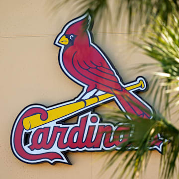Feb 26, 2021; Jupiter, Florida, USA; A general view of the St. Louis Cardinals logo on the stadium at Roger Dean Stadium during spring training workouts. Mandatory Credit: Jasen Vinlove-Imagn Images