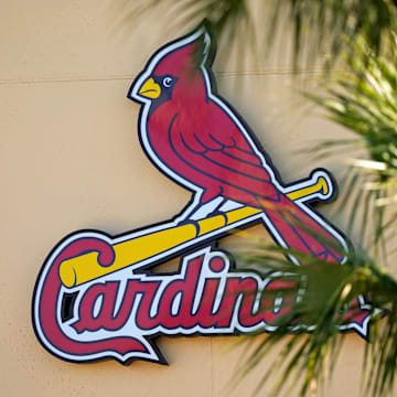 Feb 26, 2021; Jupiter, Florida, USA; A general view of the St. Louis Cardinals logo on the stadium at Roger Dean Stadium during spring training workouts. Mandatory Credit: Jasen Vinlove-Imagn Images