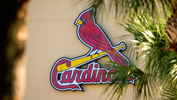 Feb 26, 2021; Jupiter, Florida, USA; A general view of the St. Louis Cardinals logo on the stadium at Roger Dean Stadium during spring training workouts. Mandatory Credit: Jasen Vinlove-USA TODAY Sports