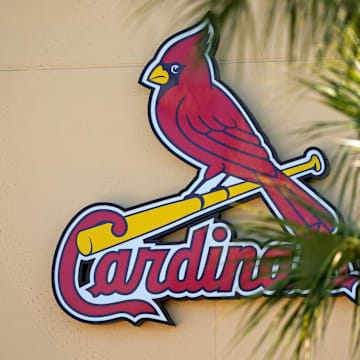 Feb 26, 2021; Jupiter, Florida, USA; A general view of the St. Louis Cardinals logo on the stadium at Roger Dean Stadium during spring training workouts. Mandatory Credit: Jasen Vinlove-Imagn Images