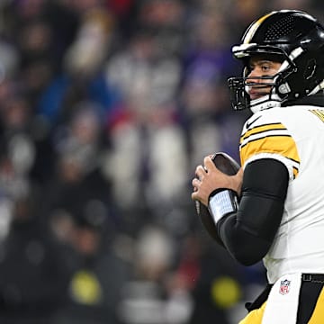 Jan 11, 2025; Baltimore, Maryland, USA; Pittsburgh Steelers quarterback Russell Wilson (3) looks to pass in the first quarter against the Baltimore Ravens in an AFC wild card game at M&T Bank Stadium. Mandatory Credit: Tommy Gilligan-Imagn Images