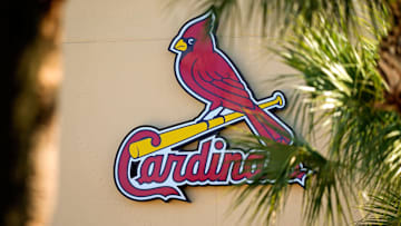Feb 26, 2021; Jupiter, Florida, USA; A general view of the St. Louis Cardinals logo on the stadium at Roger Dean Stadium during spring training workouts. Mandatory Credit: Jasen Vinlove-Imagn Images