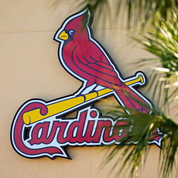 Feb 26, 2021; Jupiter, Florida, USA; A general view of the St. Louis Cardinals logo on the stadium at Roger Dean Stadium during spring training workouts. Mandatory Credit: Jasen Vinlove-Imagn Images