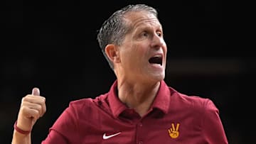 Jan 4, 2025; Los Angeles, California, USA; Southern California Trojans head coach Eric Musselman reacts in the second half against the Michigan Wolverines at Galen Center. Mandatory Credit: Kirby Lee-Imagn Images