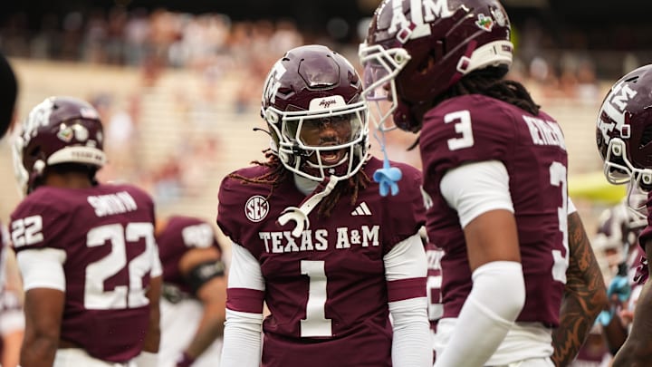 Aug 30, 2025; College Station, Texas, USA; Texas A&M Aggies safety Bryce Anderson (1) pregame against the UTSA Roadrunners at Kyle Field. Mandatory Credit: Sean Thomas-Imagn Images