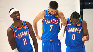 Shai Gilgeous-Alexander (2), Chet Holmgren (7) and Jalen Williams (8) during the Thunder Media Day for the 25-26 NBA season at the Paycom Center Monday, Sept. 29, 2025.