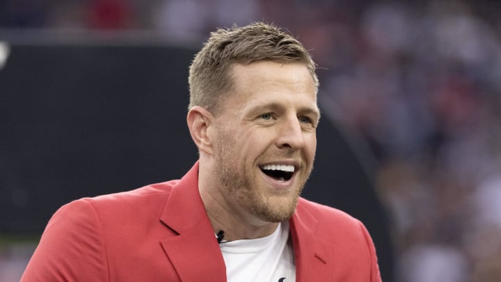 Oct 1, 2023; Houston, Texas, USA; Former Houston Texans JJ Watt speaks to the fans during his Ring Of Honor Ceremony at halftime during the game between the Texans and Pittsburgh Steelers at NRG Stadium. Mandatory Credit: Thomas Shea-USA TODAY Sports