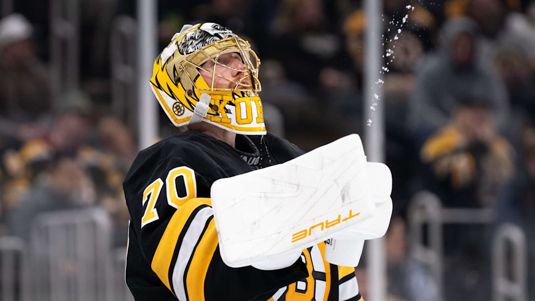 Jan 11, 2026; Boston, Massachusetts, USA; Boston Bruins goaltender Joonas Korpisalo (70) before the start of the second period of the game against the Pittsburgh Penguins at TD Garden. Mandatory Credit: Natalie Reid-Imagn Images