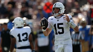 Oct 4, 2025; Pasadena, California, USA;  Penn State Nittany Lions quarterback Drew Allar (15) reacts to a call during the fourth quarter against the UCLA Bruins at Rose Bowl. Mandatory Credit: Kiyoshi Mio-Imagn Images