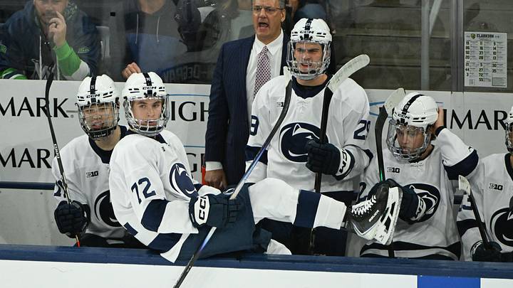 Oct 10, 2025; University Park, PA, USA; Penn State Nittany Lions forward Gavin McKenna (72) heads to the bench against Clarkson Golden Knights in the first period of a game at Pegula Ice Arena. Mandatory Credit: Barry Reeger-Imagn Images