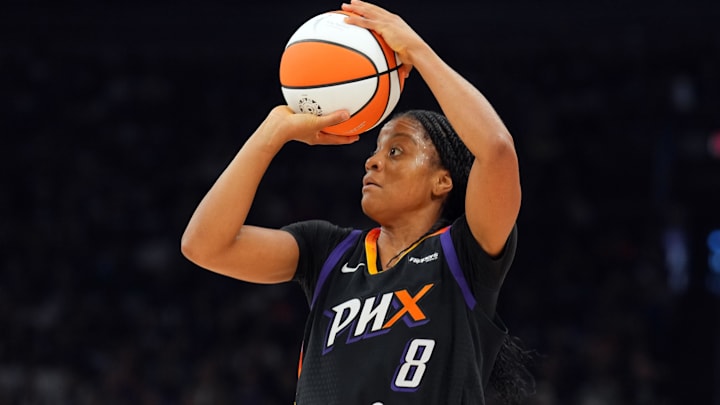 Oct 10, 2025; Phoenix, Arizona, USA; Phoenix Mercury guard Monique Akoa Makani (8) shoots against the Las Vegas Aces during the second half of game four of the 2025 WNBA Finals at Mortgage Matchup Center. Mandatory Credit: Joe Camporeale-Imagn Images