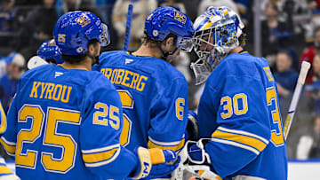 Mar 22, 2025; St. Louis, Missouri, USA;  St. Louis Blues goaltender Joel Hofer (30) and defenseman Philip Broberg (6) celebrate after the Blues defeated the Chicago Blackhawks at Enterprise Center. Mandatory Credit: Jeff Curry-Imagn Images