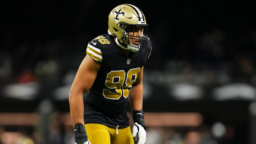 Saints defensive end Payton Turner lines up against the Denver Broncos on Oct. 17, 2024.