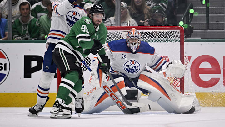 May 29, 2025; Dallas, Texas, USA; Dallas Stars center Matt Duchene (95) attempts to score on Edmonton Oilers goaltender Stuart Skinner (74) during the first period in game five of the Western Conference Final of the 2025 Stanley Cup Playoffs at American Airlines Center. Mandatory Credit: Jerome Miron-Imagn Images