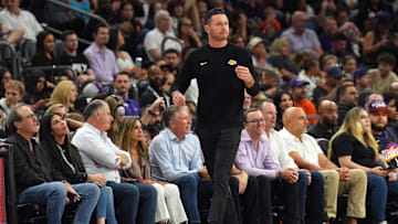 Oct 17, 2024; Phoenix, Arizona, USA; Los Angeles Lakers head coach JJ Redick looks on against the Phoenix Suns during the first half at Footprint Center. Mandatory Credit: Joe Camporeale-Imagn Images