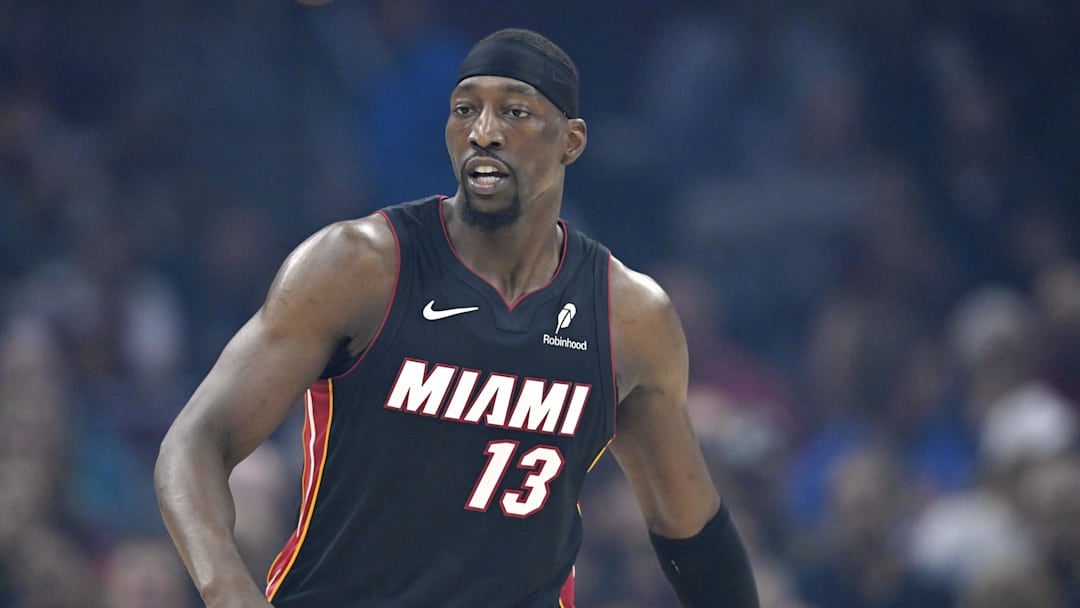 Mar 25, 2026; Cleveland, Ohio, USA; Miami Heat center Bam Adebayo (13) stands on the court in the first quarter against the Cleveland Cavaliers at Rocket Arena. Mandatory Credit: David Richard-Imagn Images