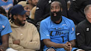 Dec 27, 2024; Inglewood, California, USA; Los Angeles Clippers forward Kawhi Leonard (2) and guard James Harden (1) sit on the bench in the second half against the Golden State Warriors at Intuit Dome. Mandatory Credit: Jayne Kamin-Oncea-Imagn Images