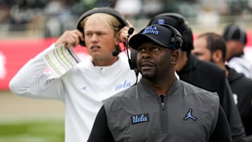 Oct 11, 2025; East Lansing, Michigan, USA; UCLA Bruins interim head coach Tim Skipper looks up at the video board in the fourth quarter at Spartan Stadium. Mandatory Credit: Brendan Mullin-Imagn Images