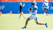 Carolina Panthers wide receiver Adam Thielen runs after a catch during practice at training camp.