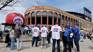New York City, New York, USA; General view as fans wait in line to take photos with the home run apple at Citi Field before the New York Mets home opener against the Toronto Blue Jays.